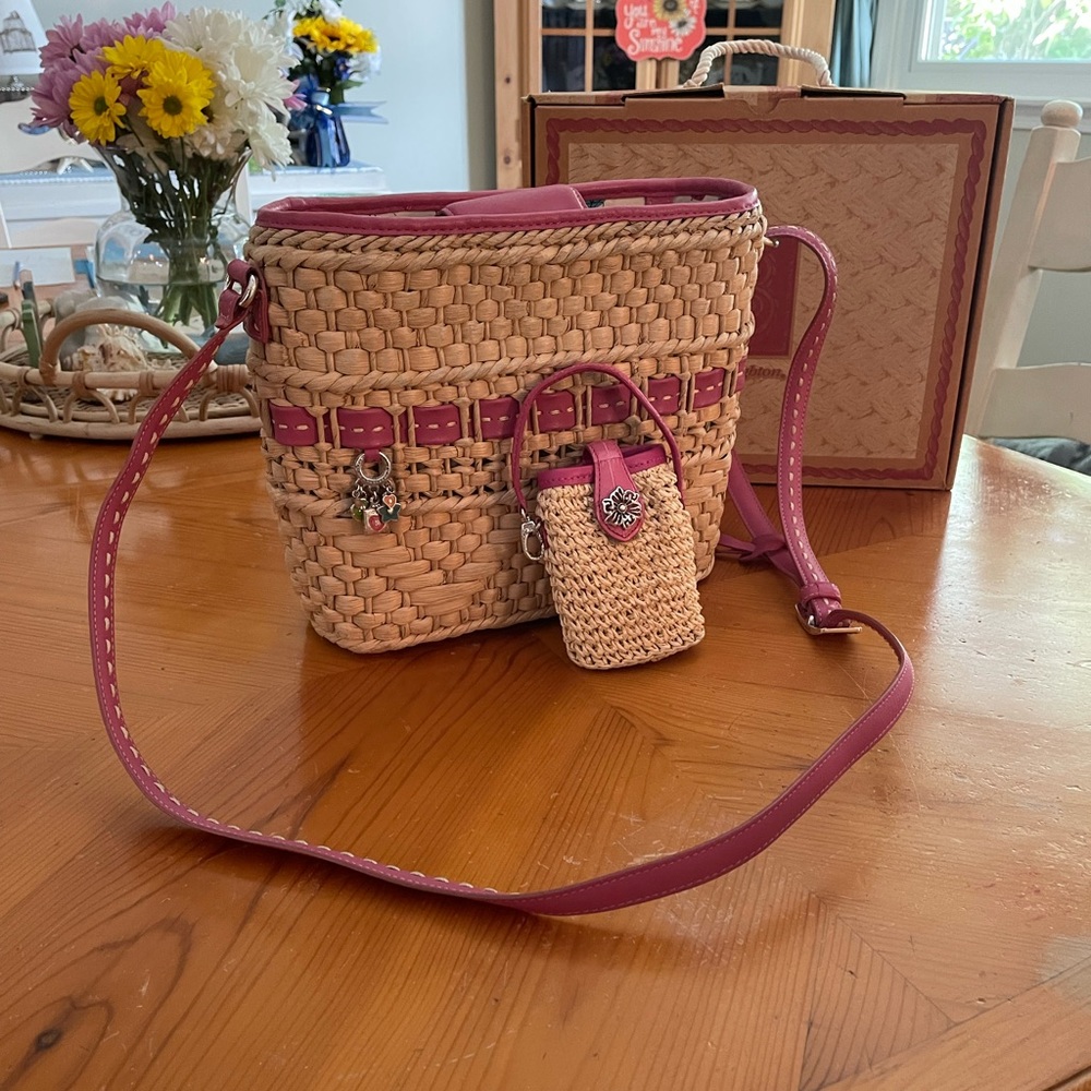 Pink and Tan Woven Women Bag